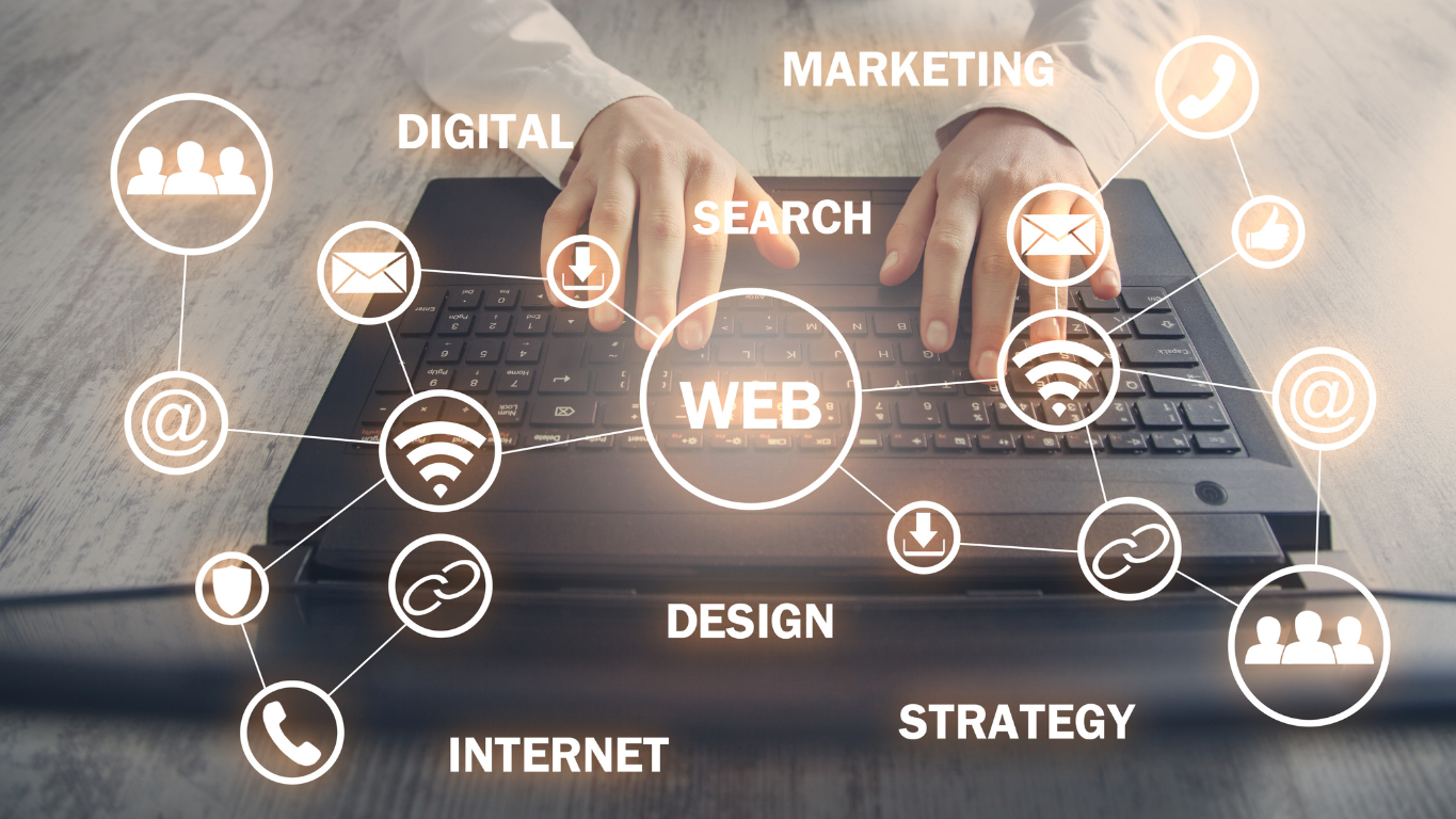 Port St. Lucie web design and digital marketing strategy—hands on laptop with search and design icons