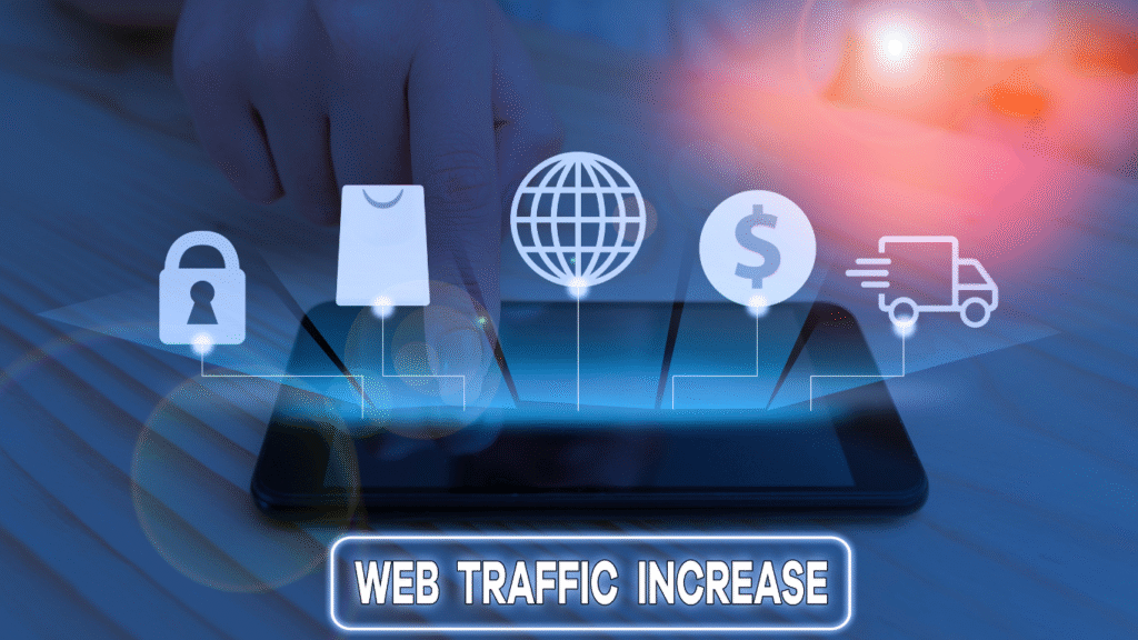 A smartphone with icons representing security, sales, profit, and services, symbolizing how a website turns traffic into customers.