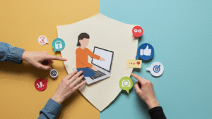 A conceptual graphic showing a person on a laptop protected by a shield, representing the safety provided by professional website maintenance and security care plans.