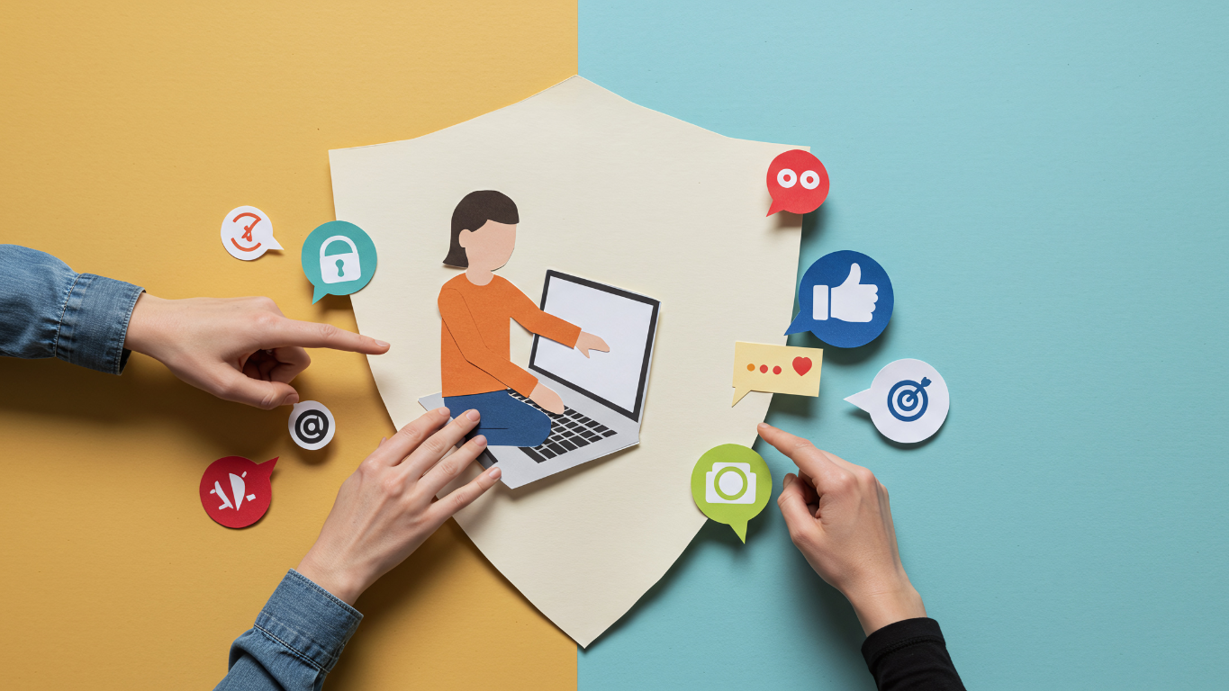 A conceptual graphic showing a person on a laptop protected by a shield, representing the safety provided by professional website maintenance and security care plans.