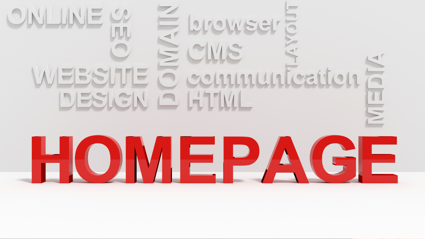 Large red 3D text reading HOMEPAGE surrounded by web design keywords like SEO and HTML, illustrating why general homepages are too distracting for ad traffic.