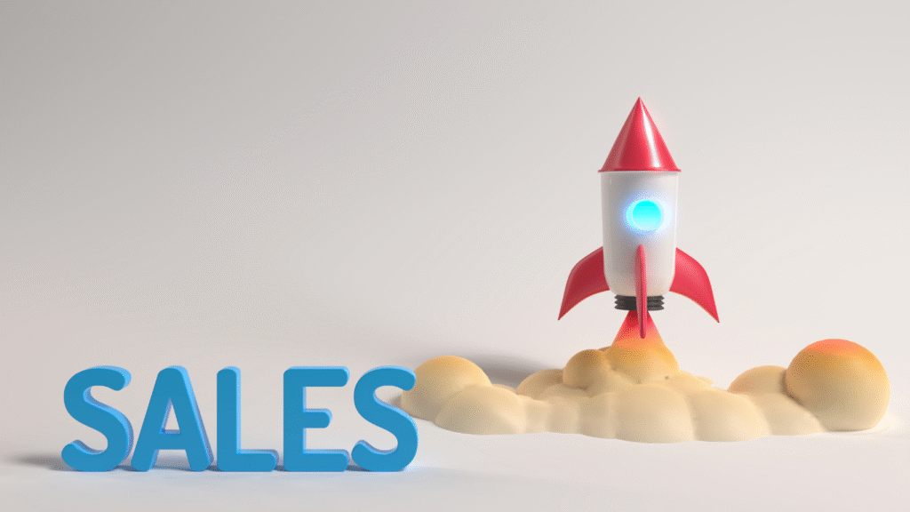 A 3D illustration of a rocket ship launching next to the word SALES, symbolizing the revenue boost businesses experience when using dedicated landing pages.