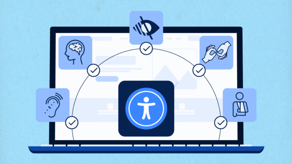 A conceptual diagram on a laptop screen showing the universal accessibility symbol connected to icons for vision, hearing, and cognitive access, representing comprehensive ADA website compliance.