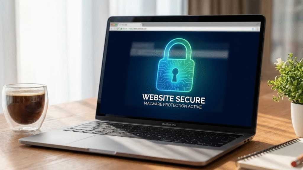 Digital padlock icon on a laptop screen representing website security and protection against malware.