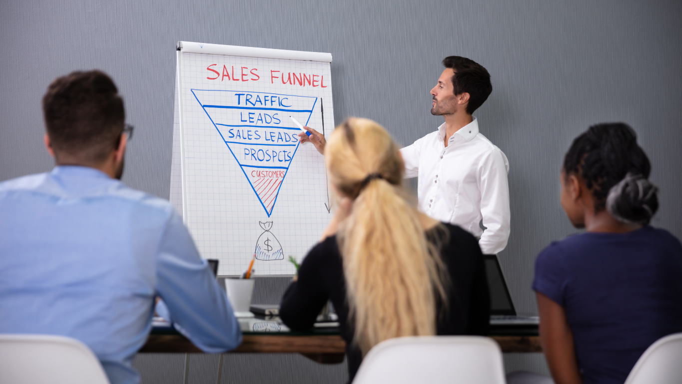 A marketing expert in a meeting, pointing to a "SALES FUNNEL" diagram on a flip chart that shows the path from "TRAFFIC" to "CUSTOMERS."