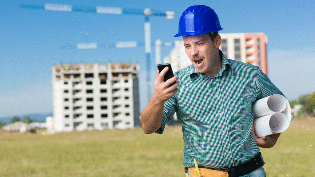 A happy contractor in a hard hat holding blueprints and looking at his phone, excited about getting a new, exclusive lead at a construction site.