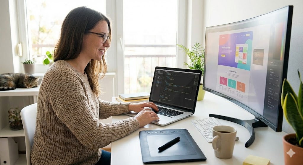 Professional web designer working on a custom layout code on a laptop.